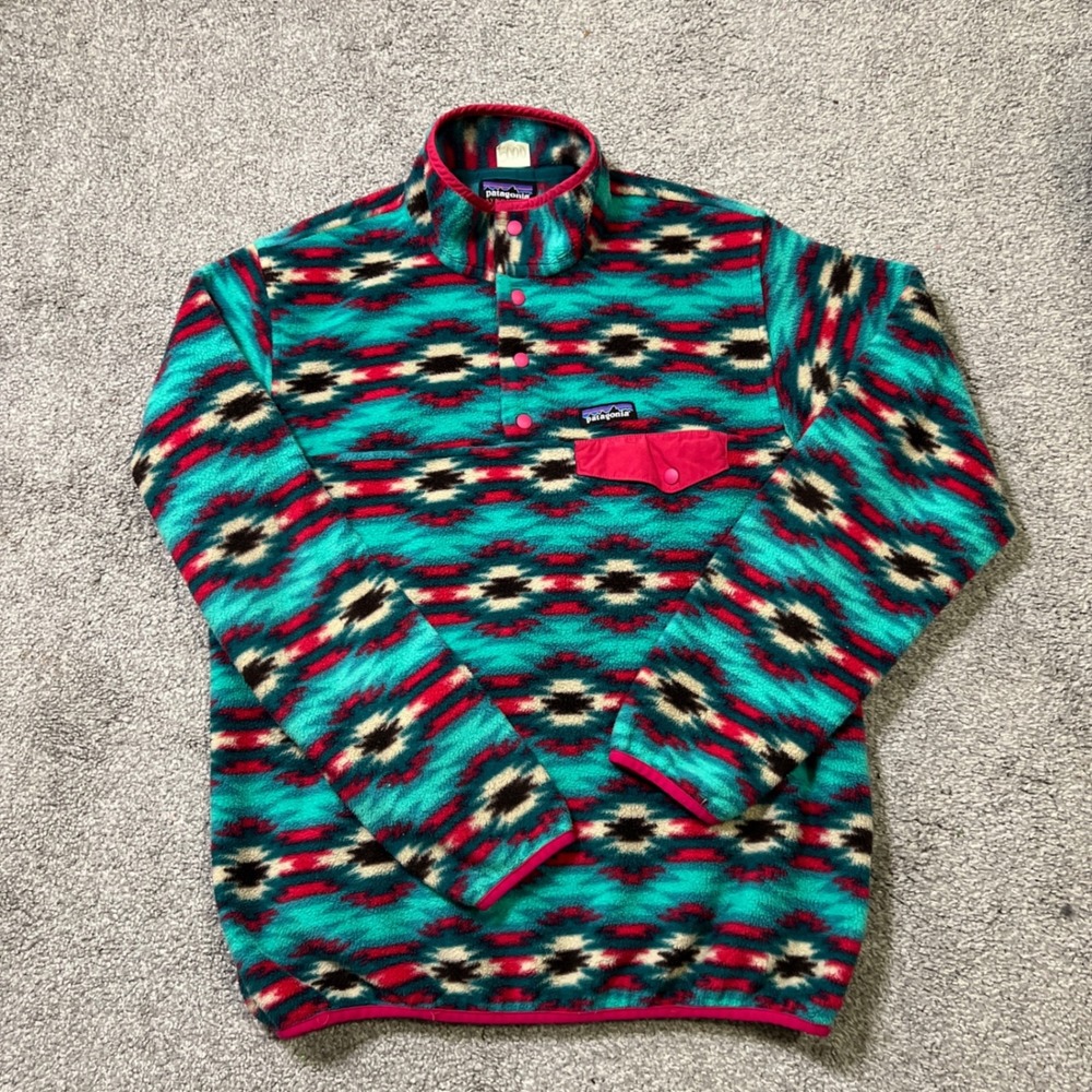 Patagonia Synchilla Snap-T Fleece Pullover Womens L Teal Pink Geometric Aztec